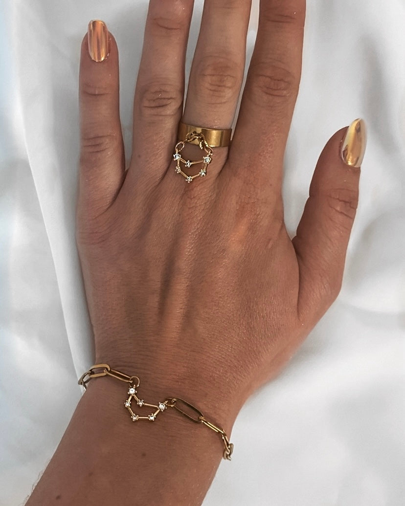Bague constellation dorée personnalisée, modèle fin ou large, en acier inoxydable, taille réglable, fabrication française