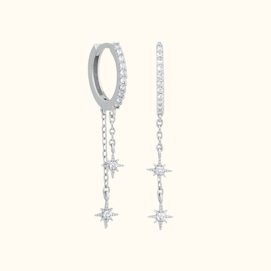 Boucles d'oreille pendante acier inoxydable argent zirconium tendance avec  étoiles polaire 
